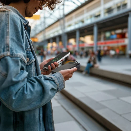 Podróżny ładuje smartfon z powerbanku Hama