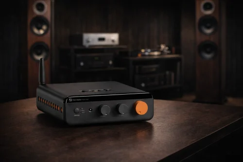 Kompaktowy wzmacniacz Fosi Audio w domowym systemie stereo
