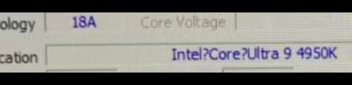 Fragment programu CPU-Z z nazwą Intel Core Ultra 9 4950K i oznaczeniem procesu 18A